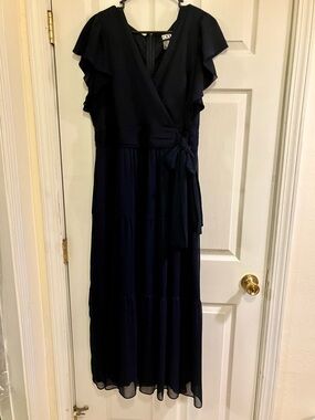 DKNY Navy Chiffon Flutter Sleeve Surplice Faux Wrap Midi Dress Size 14